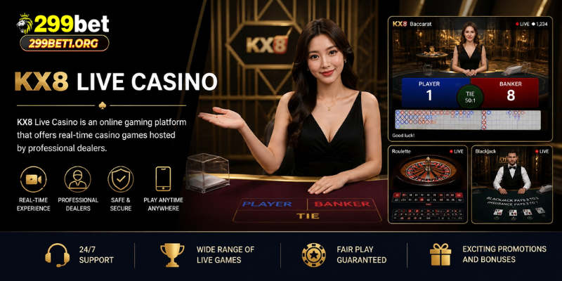 kx8 live casino is an online gaming platform that offers real-time casino games hosted by professional dealers.