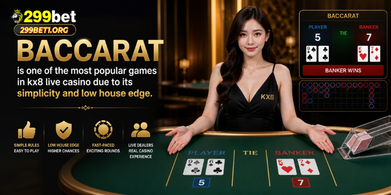 Baccarat is one of the most popular games in kx8 live casino due to its simplicity and low house edge.